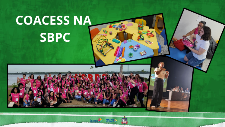 Card informativo com fundo verde, alinhado à esquerda, escrito em letras brancas: CoAcess na SBPC e 4 fotografias espalhadas no card.  Na parte superior, fotografia de 4 mesas amarelas com vários brinquedos sensoriais,  ao lado direito, foto de uma aluna cega tateando um objeto, orientada por uma audiodescritora logo atrás. Abaixo,  alinhado à esquerda, foto retangular dos profissionais e monitores de acessibilidade, todos de colete rosa, à frente do letreiro denominado #SBPC, ao fundo, a orla da Ufpa. Ao lado, foto de um intérprete de libras em cima do palco sinalizando, ao fundo 3 pessoas sentadas à mesa. Na parte inferior do card, centralizados, logo da CoAcess, lodo da SAEST e brasão da Ufpa. 