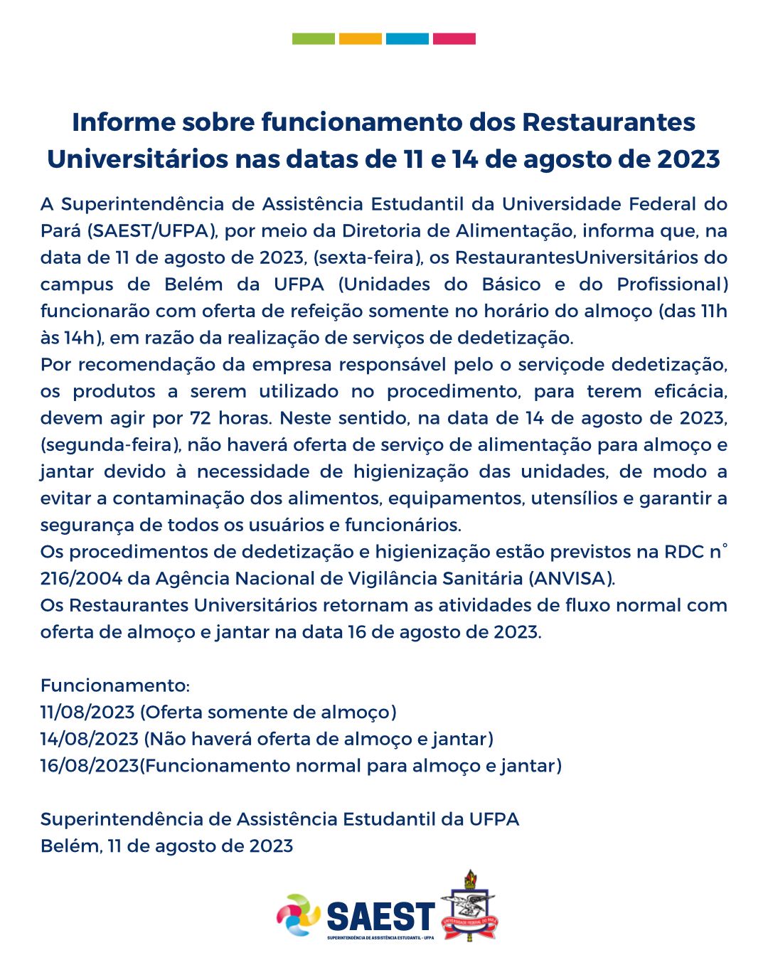 Informe sobre funcionamento dos Restaurantes Universitários nas datas de 11 e 14 de agosto de 2023