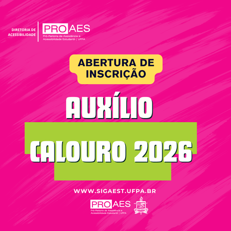 Imagem com fundo em tons de rosa intenso, com textura que lembra pinceladas ou movimento suave.Na parte superior esquerda, há o logotipo da PROAES, com o nome “Pró-Reitoria de Assistência e Acessibilidade Estudantil” em letras pequenas.No centro superior, um destaque em formato de etiqueta amarela traz o texto em letras maiúsculas: “ABERTURA DE INSCRIÇÃO”.